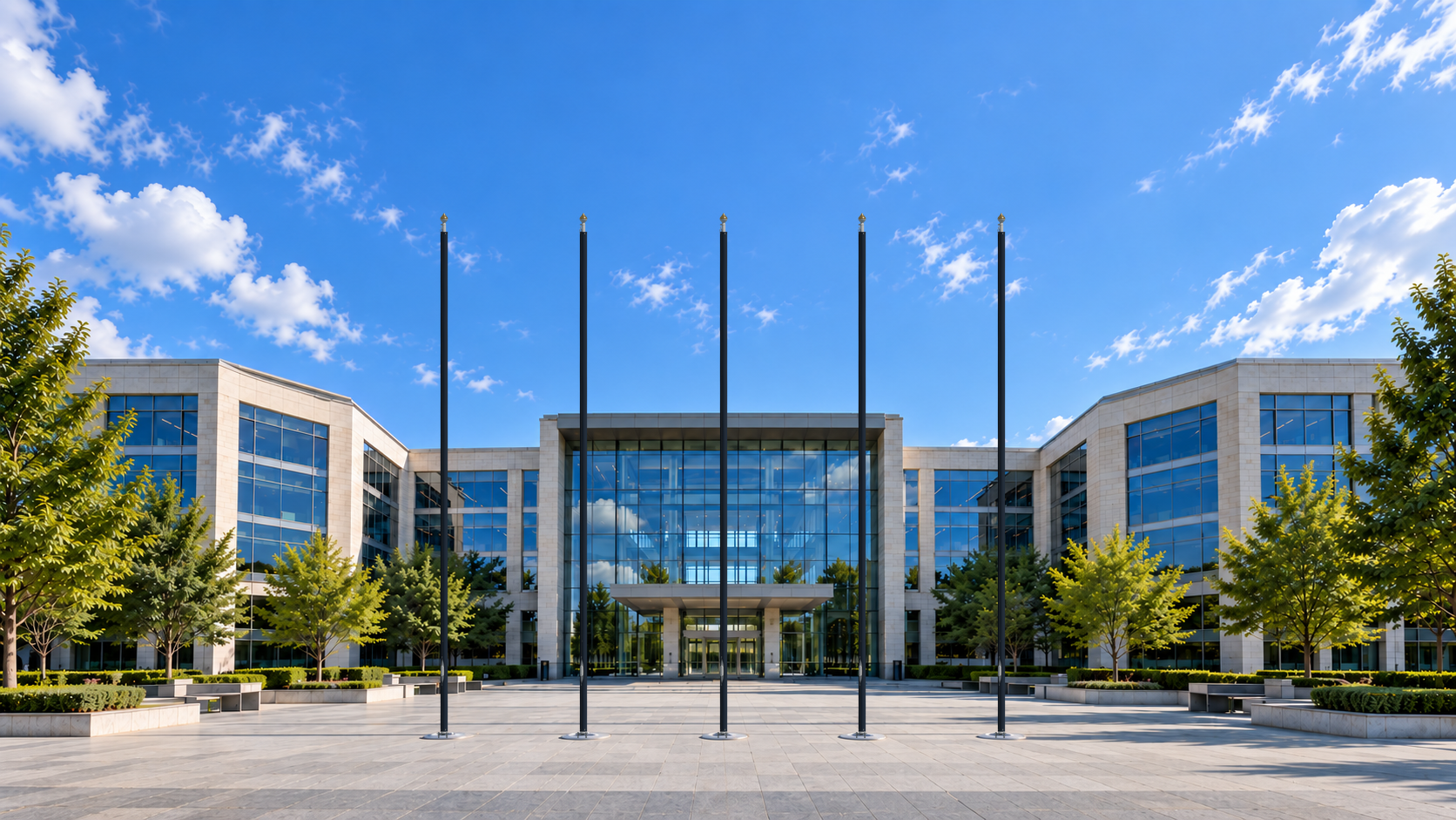 Five exact PoleCanvas Navy sleeves in a workplace courtyard