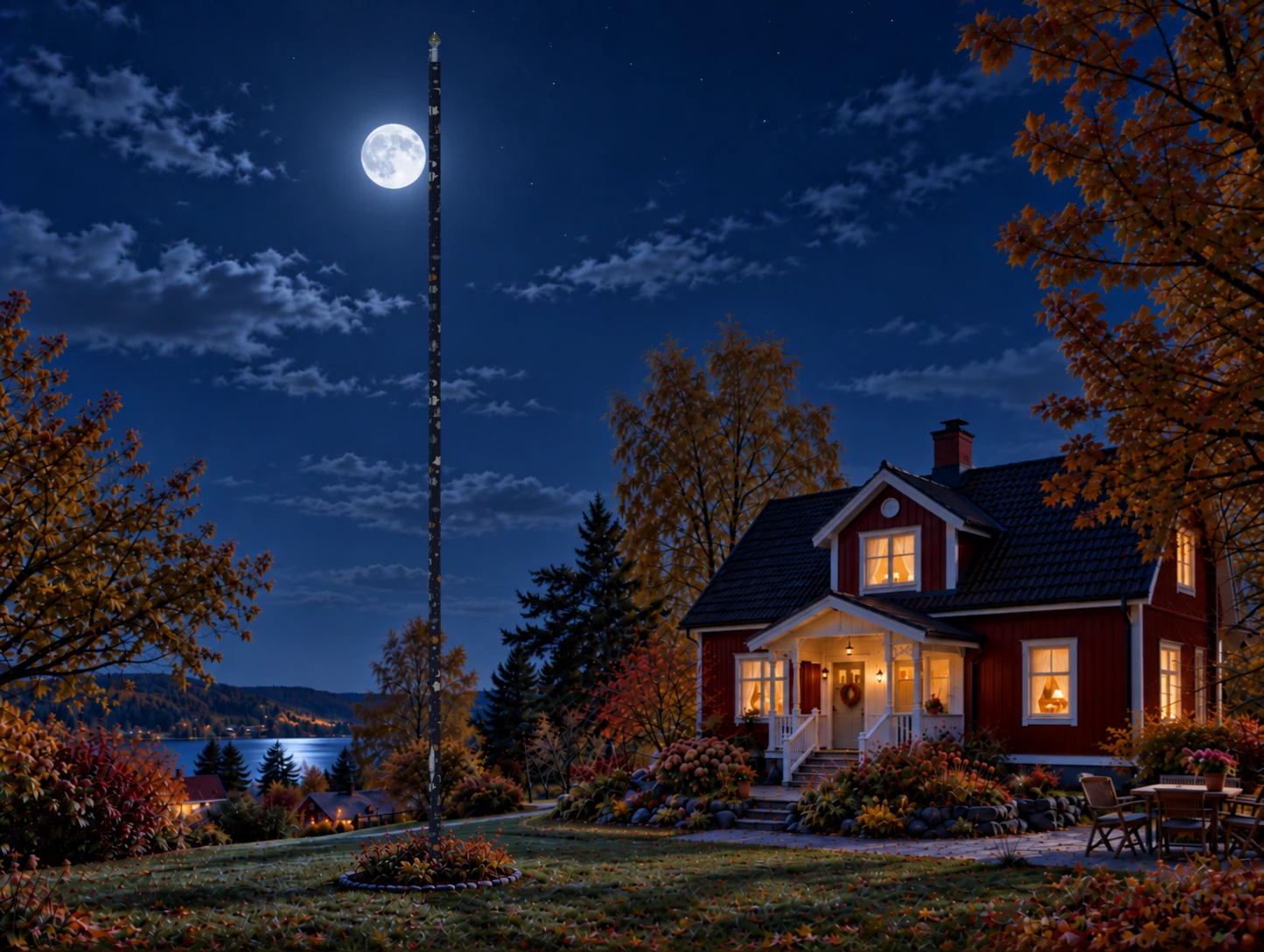 Halloween Night monsters-and-witches sleeve outside the red garden house at night