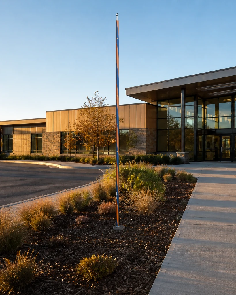 Full-height navy, orange, and gold PoleCanvas design at a contemporary athletics campus