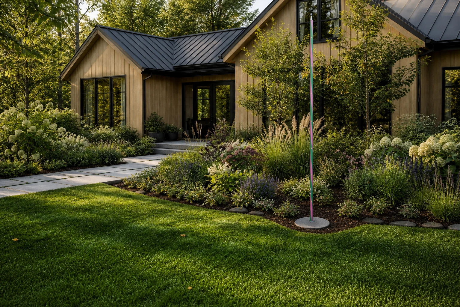 Green, rose, and gold PoleCanvas design in a flower-filled residential garden