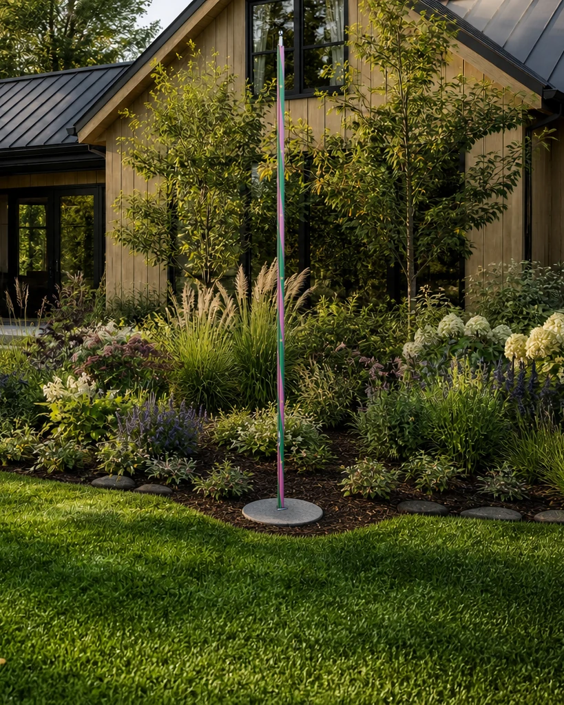 Full-height green, rose, and gold PoleCanvas design in a flower-filled residential garden