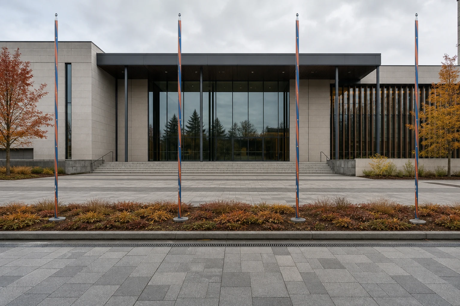 Four coordinated PoleCanvas designs across a contemporary civic arrival