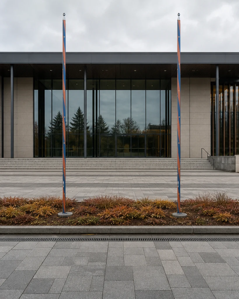 Two coordinated PoleCanvas designs at a contemporary civic building