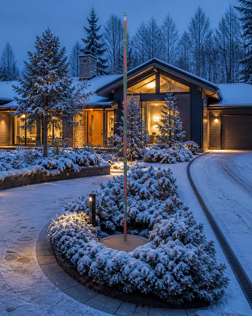 Full-height evergreen, red, and gold PoleCanvas design in a snow-covered residential garden