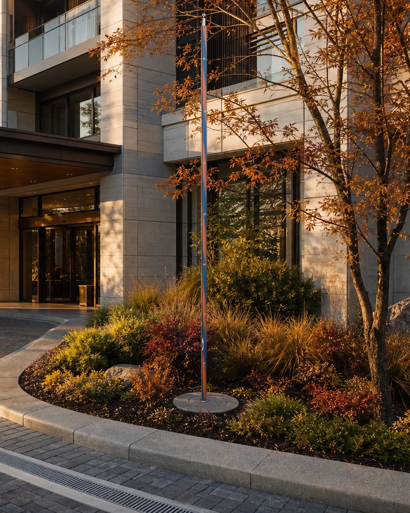 Full-height autumn-colored PoleCanvas design at a contemporary hotel entrance