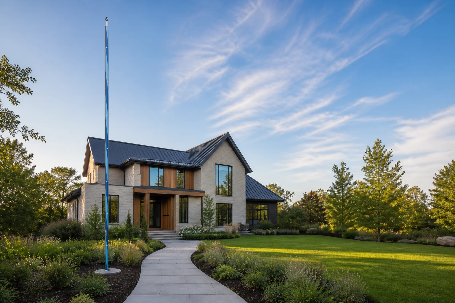 Cool-spectrum PoleCanvas design in a contemporary residential garden