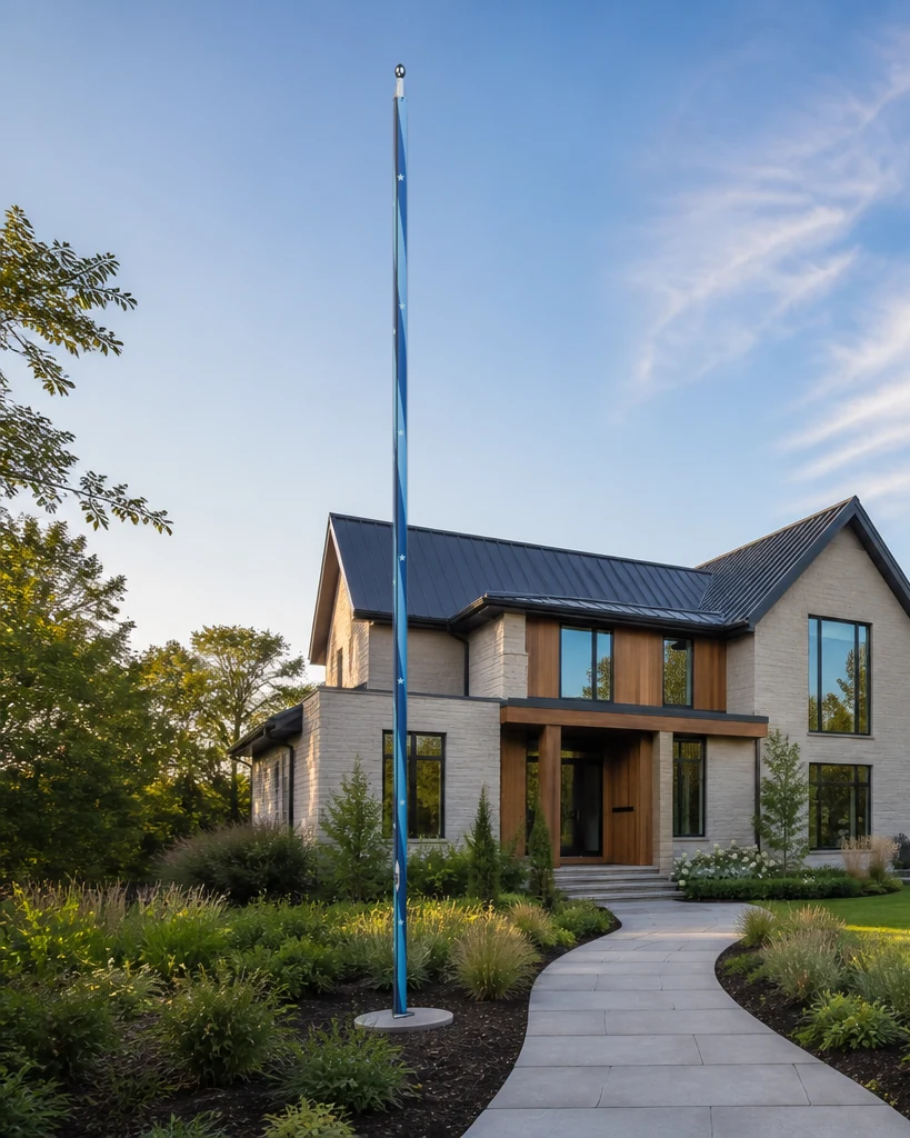 Full-height cool-spectrum PoleCanvas design in a contemporary residential garden