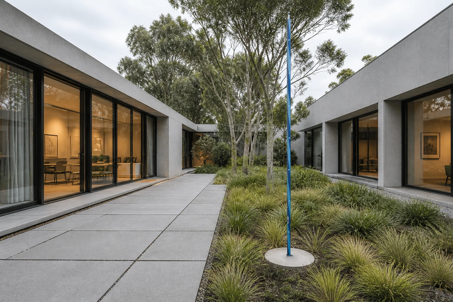 Cool-spectrum PoleCanvas design in a minimalist studio courtyard