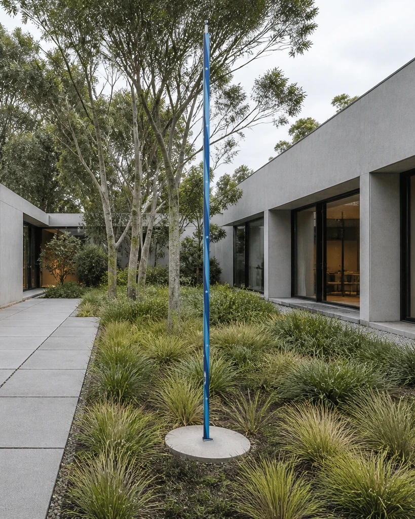 Full-height cool-spectrum PoleCanvas design in a minimalist studio courtyard