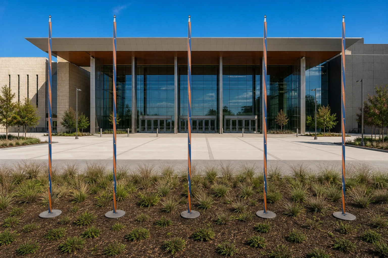 Five coordinated PoleCanvas designs across a modern events venue
