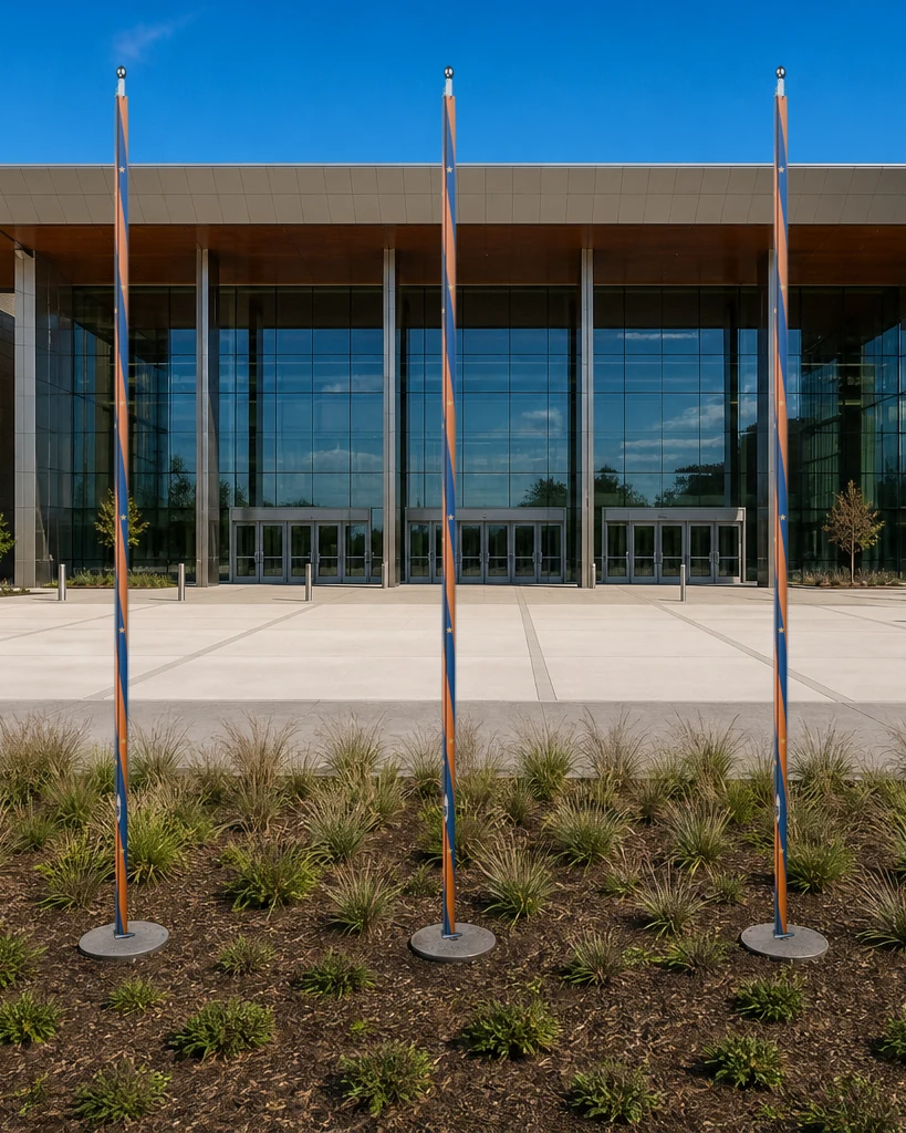 Three coordinated PoleCanvas designs across a modern events venue
